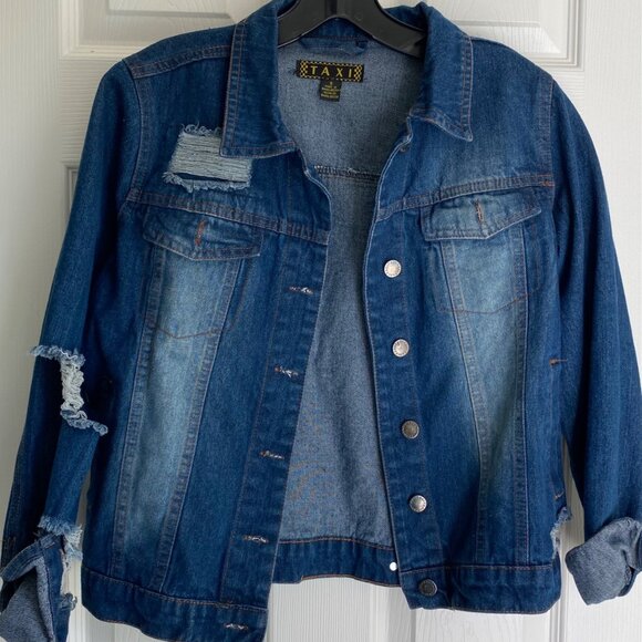 Taxi Womens Distressed Denim Jacket With Ripped Details Long Sleeves & Button Fr - Picture 1 of 15